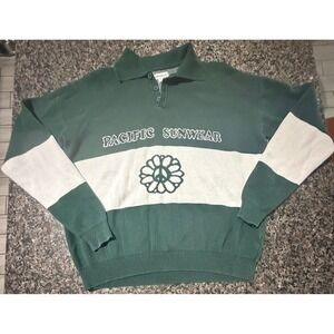 PacSun Mens Green Cream Colorblock Peace Sign Knit Polo Sweater L 100% Cotton